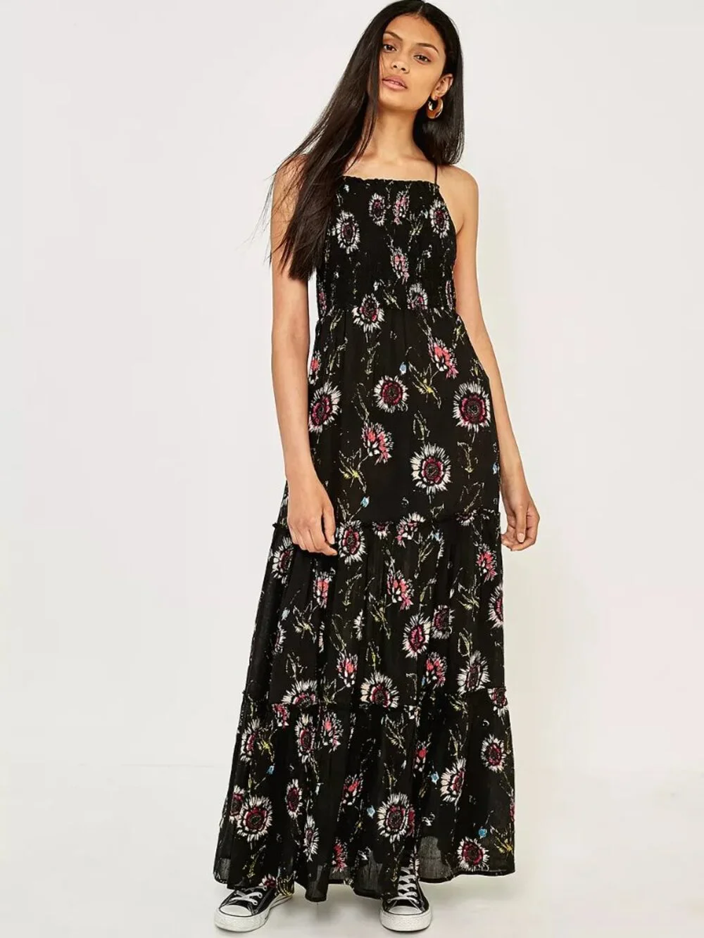 Free People Intimately Garden Party Maxi Dress Tiered Black Floral Boho size M